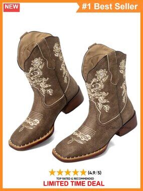 Rhinestone Floral Embroidered Short Cowgirl Boots Square Toe Faux Leather